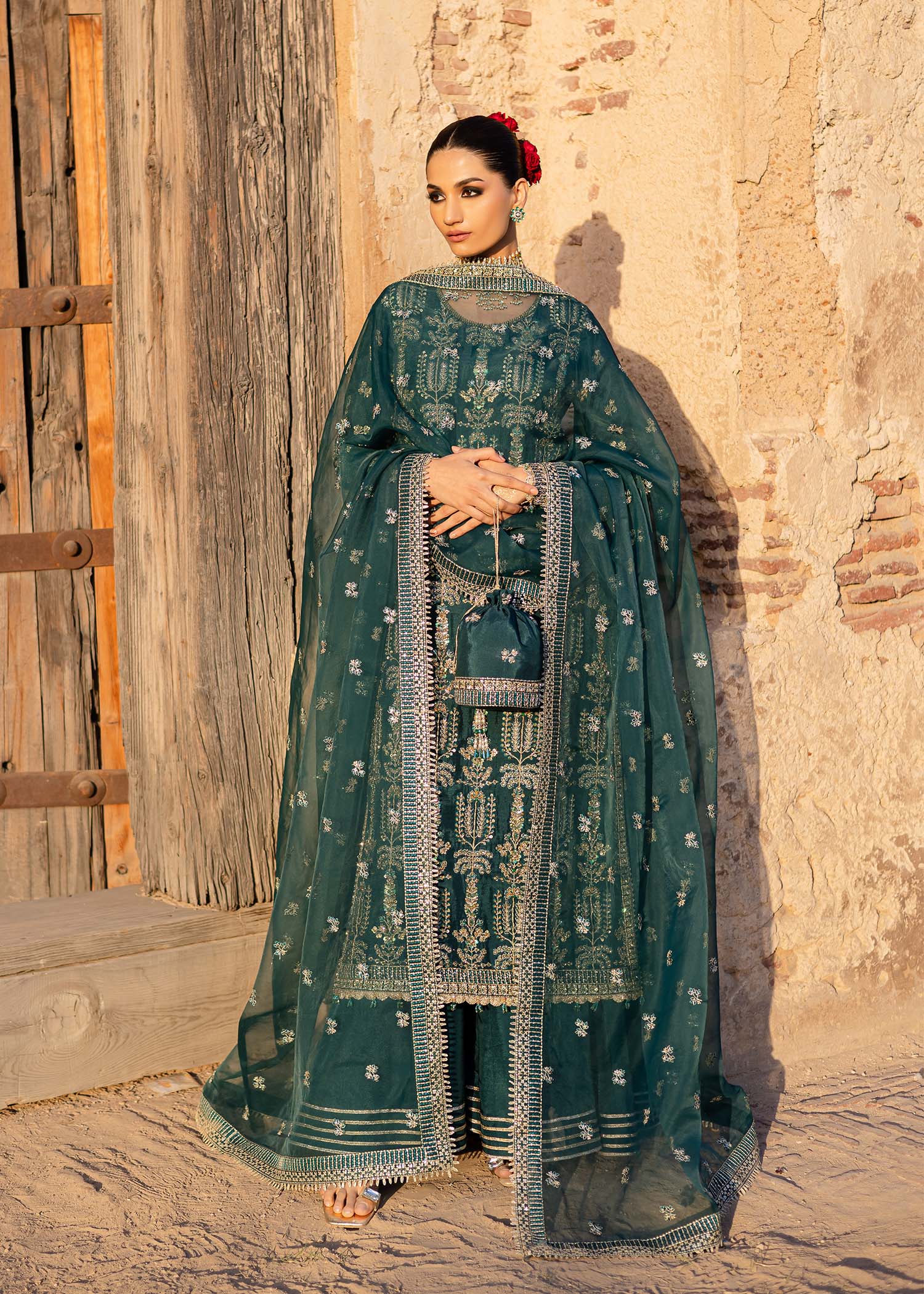 Pakistani Deep Teal Hand-Embellished Tussel Silk Salwar Kameez (3-Piece) - Image 8