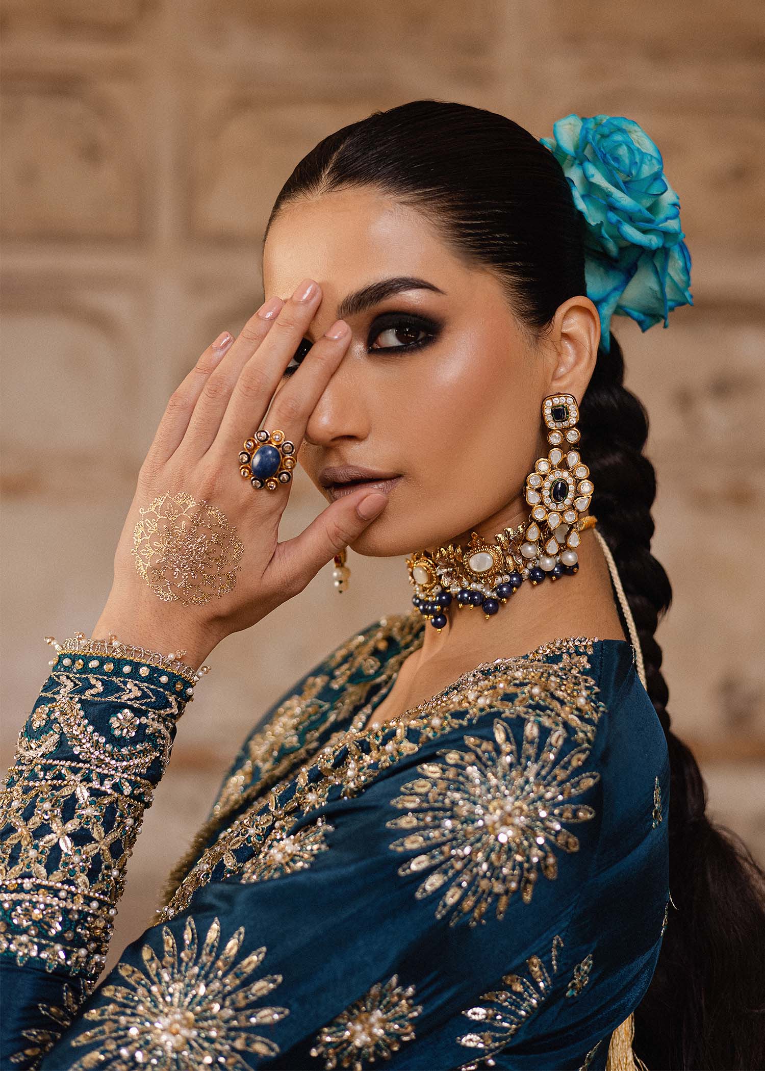 Pakistani Teal Hand-Embellished Tussel Silk Salwar Kameez (3-Piece) - Image 5