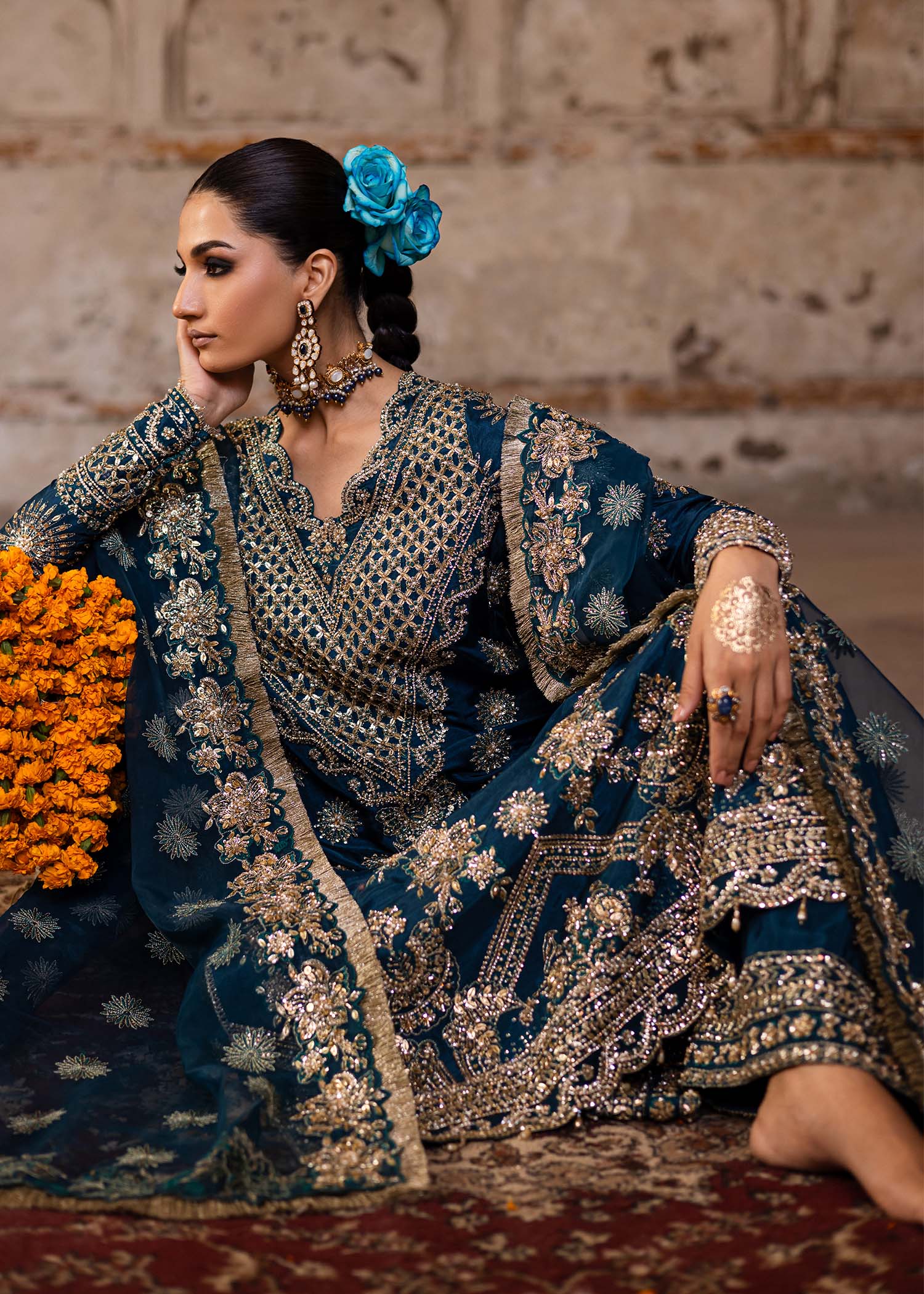 Pakistani Teal Hand-Embellished Tussel Silk Salwar Kameez (3-Piece) - Image 8