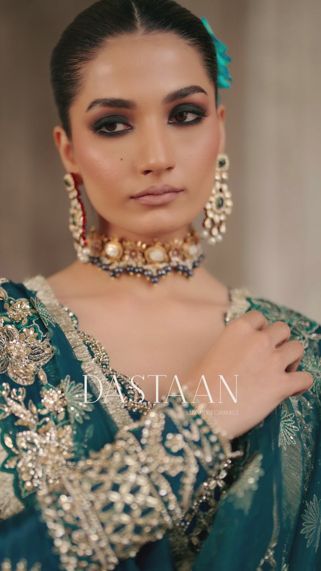 Pakistani Teal Hand-Embellished Tussel Silk Salwar Kameez (3-Piece) - Image 9