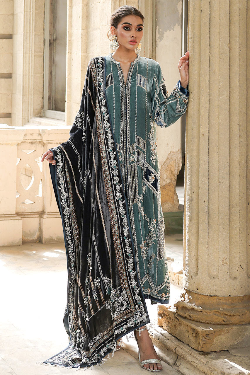 Teal Embossed & Embellished Velvet Salwar Kameez (3-Piece) - Image 1
