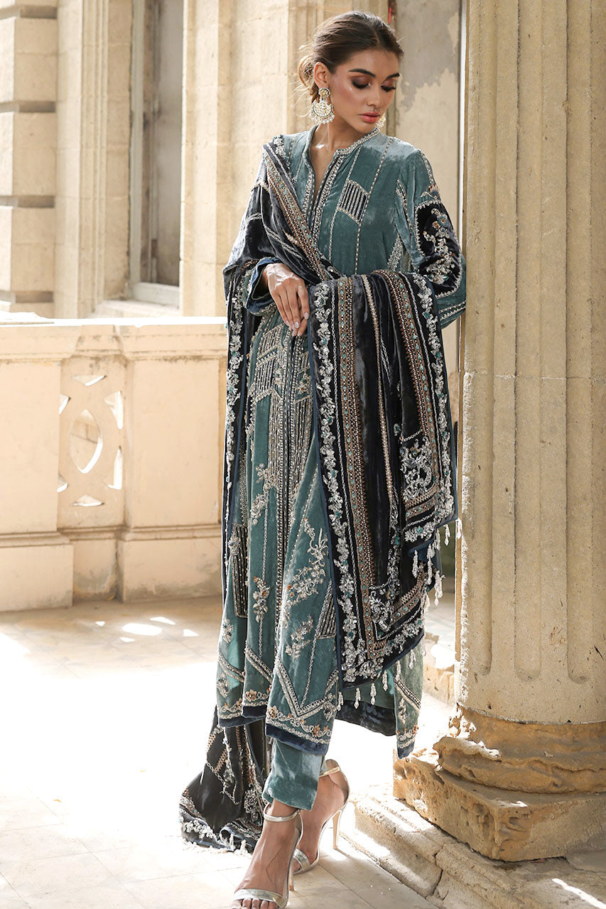 Teal Embossed & Embellished Velvet Salwar Kameez (3-Piece) - Image 5