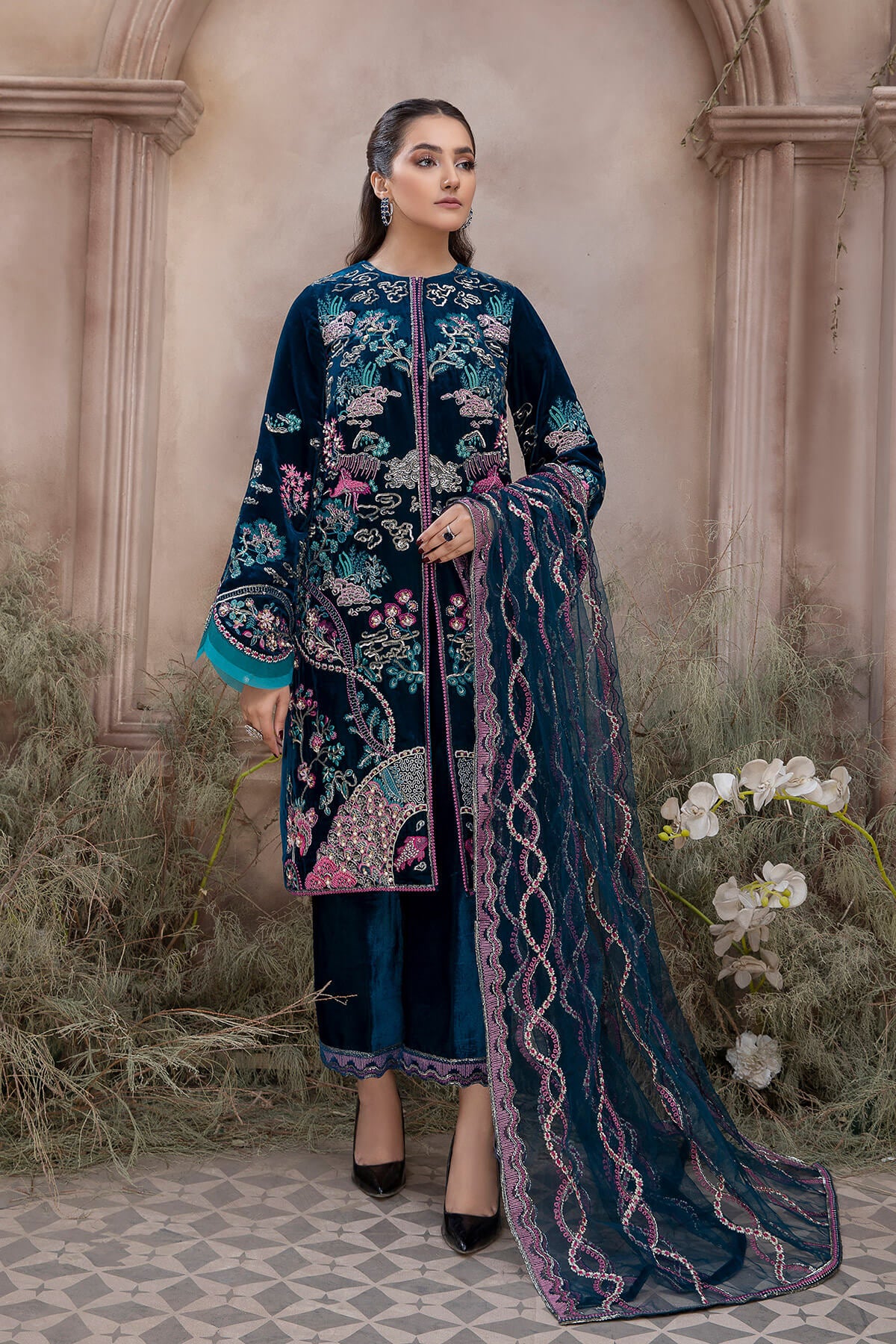 Pakistani Deep Teal Embroidered Velvet Jacket & Culottes (3-Piece) - Image 1