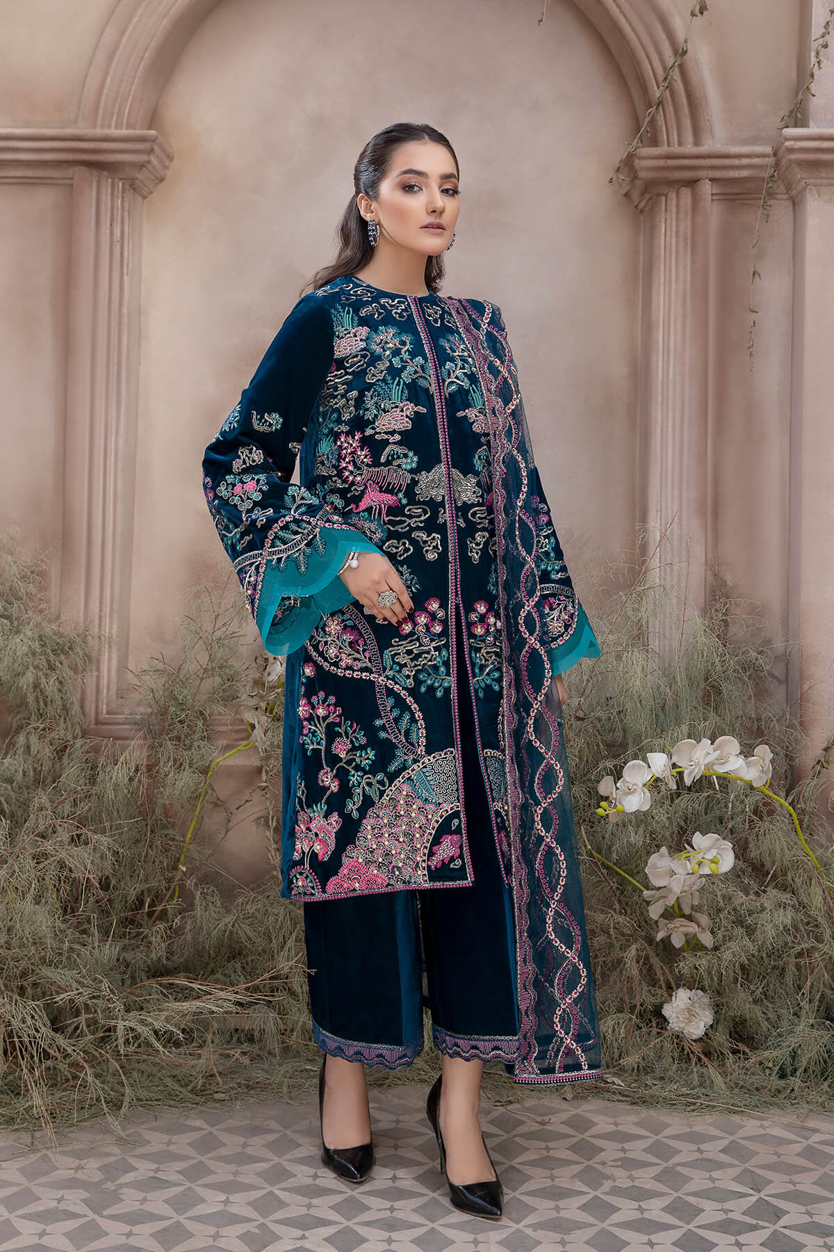 Pakistani Deep Teal Embroidered Velvet Jacket & Culottes (3-Piece) - Image 2