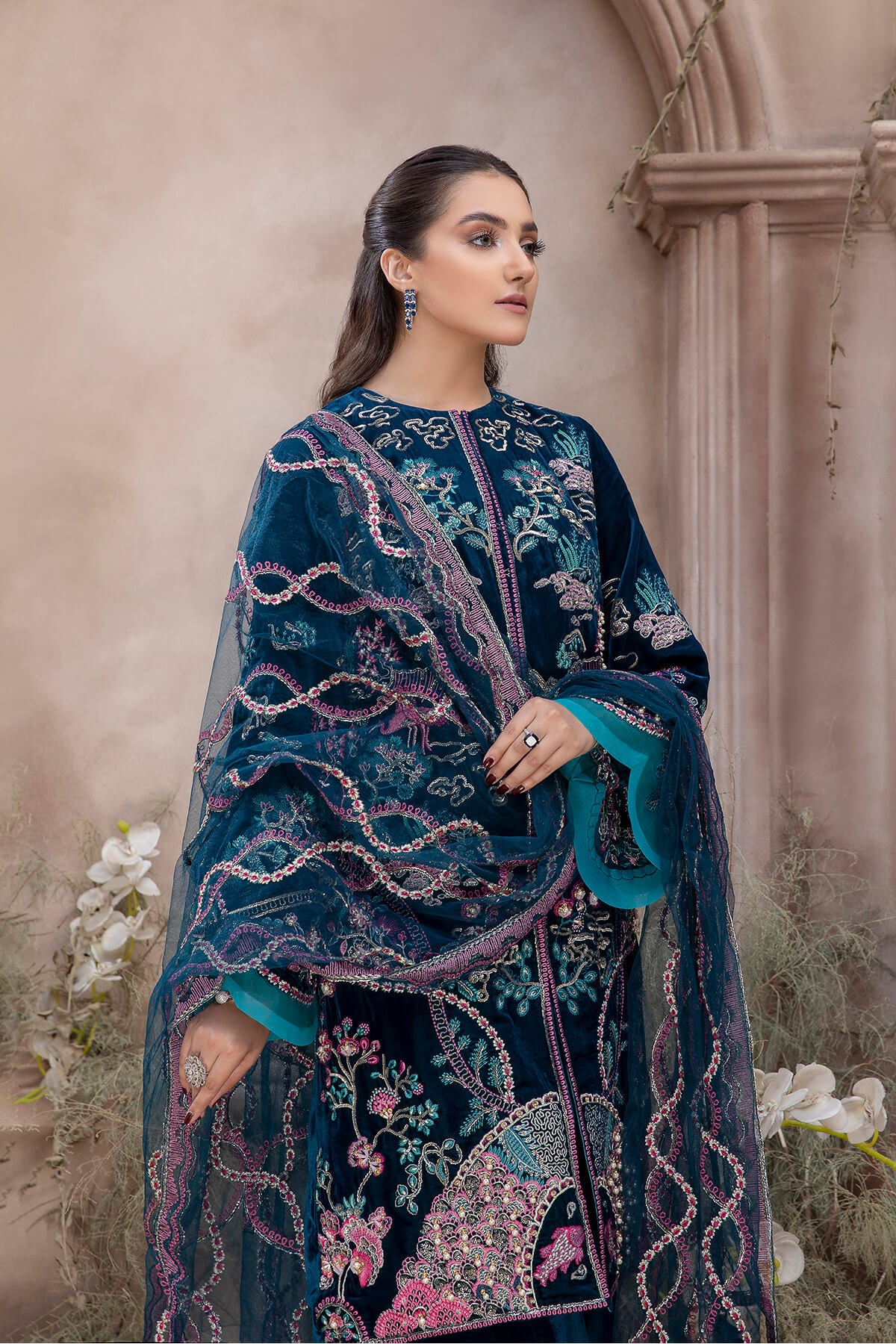 Pakistani Deep Teal Embroidered Velvet Jacket & Culottes (3-Piece) - Image 5