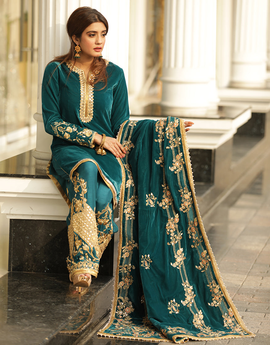 Pakistani Teal Embroidered Velvet Salwar Kameez (3-Piece) - Image 1