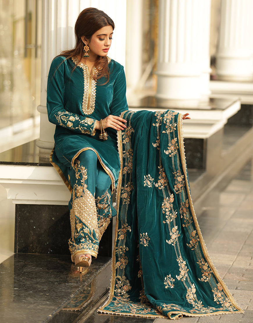 Pakistani Teal Embroidered Velvet Salwar Kameez (3-Piece) - Image 2