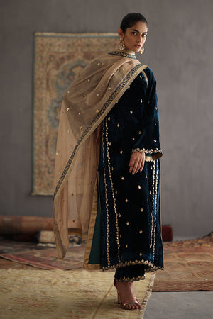 Teal Embroidered Velvet Salwar Kameez (3-Piece) - Image 3