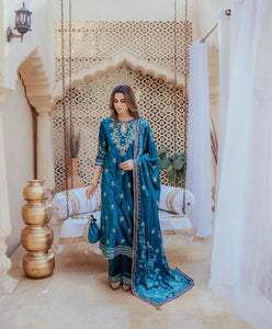 Teal Blue Embroidered Velvet Salwar Kameez (3-Piece) - Image 1