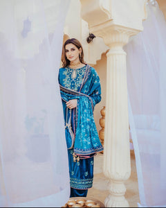 Teal Blue Embroidered Velvet Salwar Kameez (3-Piece) - Image 2