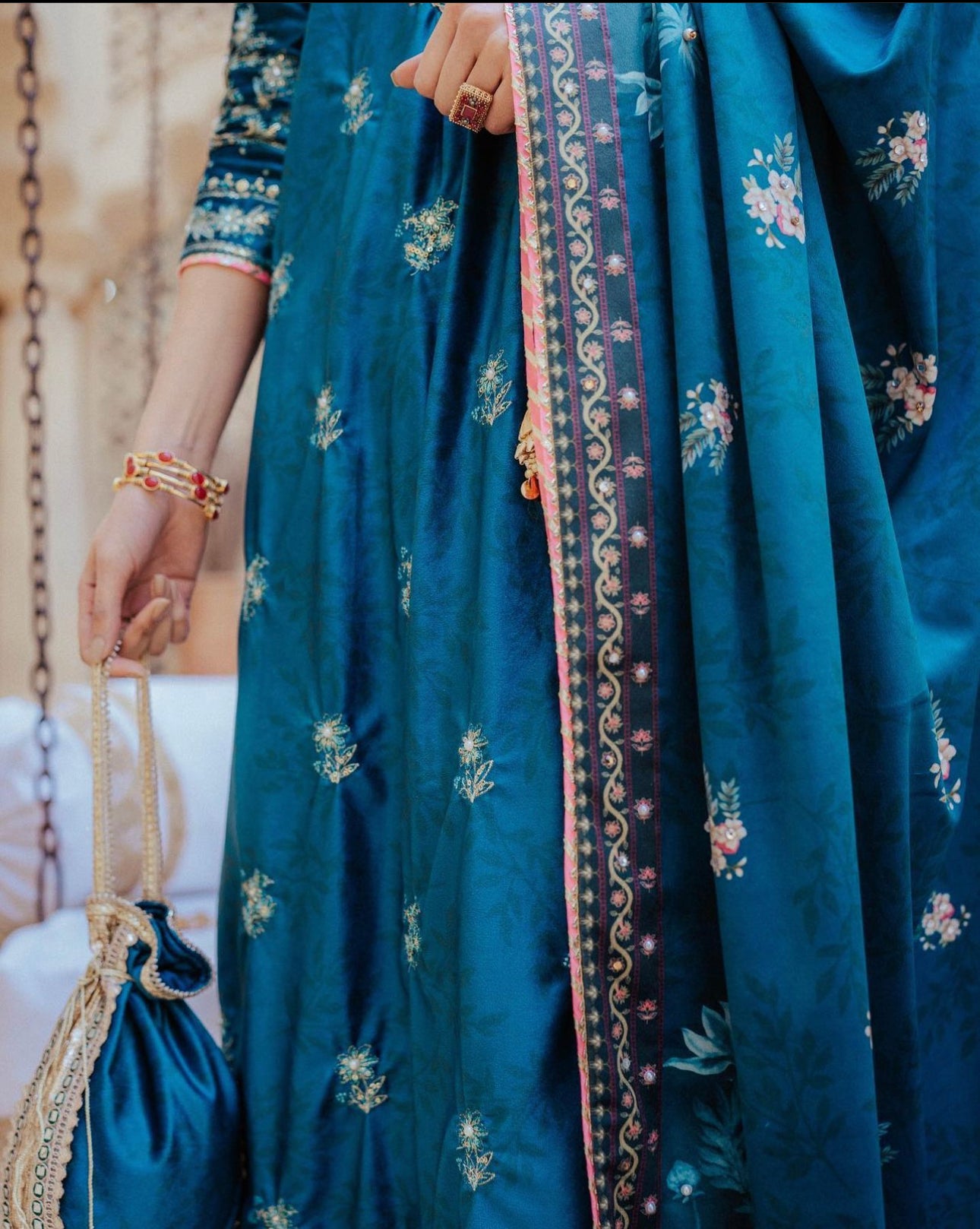 Teal Blue Embroidered Velvet Salwar Kameez (3-Piece) - Image 3