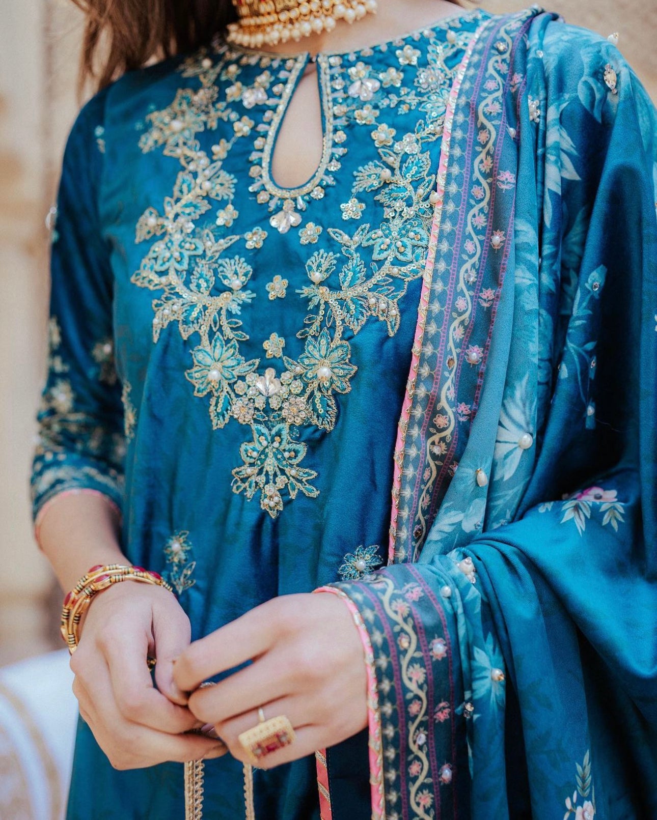 Teal Blue Embroidered Velvet Salwar Kameez (3-Piece) - Image 5