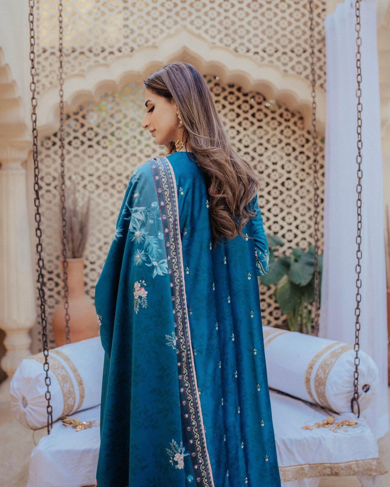 Teal Blue Embroidered Velvet Salwar Kameez (3-Piece) - Image 6