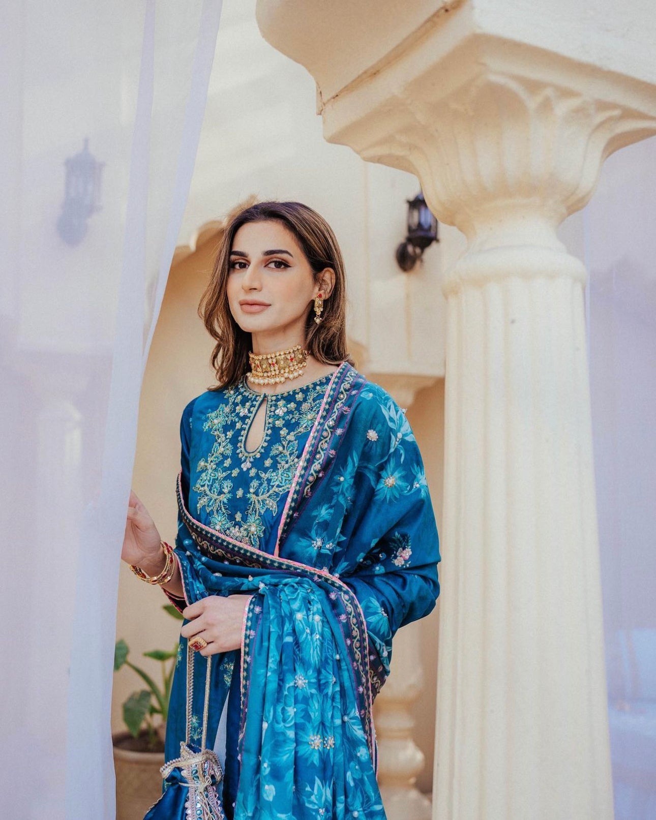 Teal Blue Embroidered Velvet Salwar Kameez (3-Piece) - Image 8