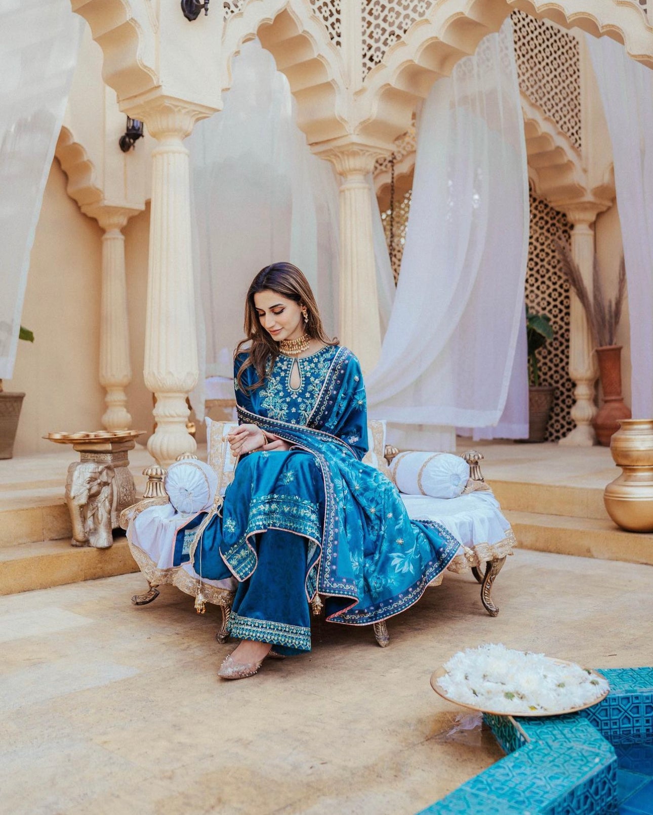 Teal Blue Embroidered Velvet Salwar Kameez (3-Piece) - Image 9