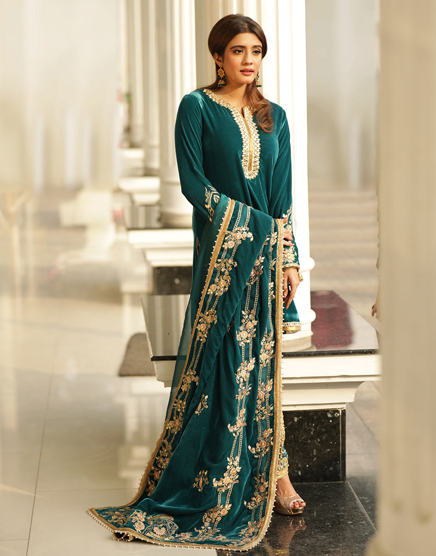 Teal Embroidered Velvet Salwar Kameez (3-Piece) - Image 3