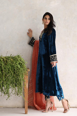Teal Gota Embroidered Velvet Salwar Kameez (3-Piece) - Image 3