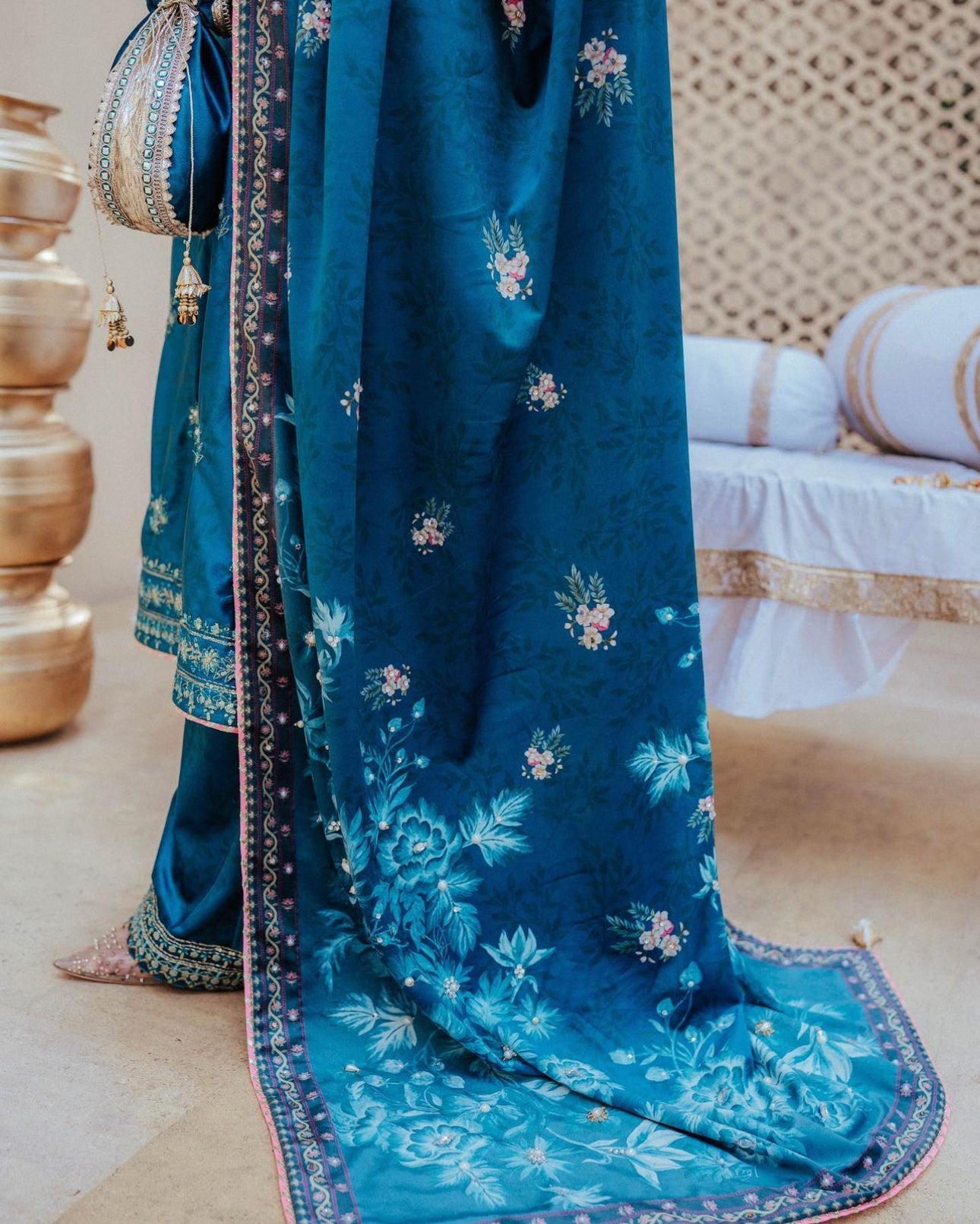 Teal Blue Embroidered Velvet Salwar Kameez (3-Piece) - Image 6