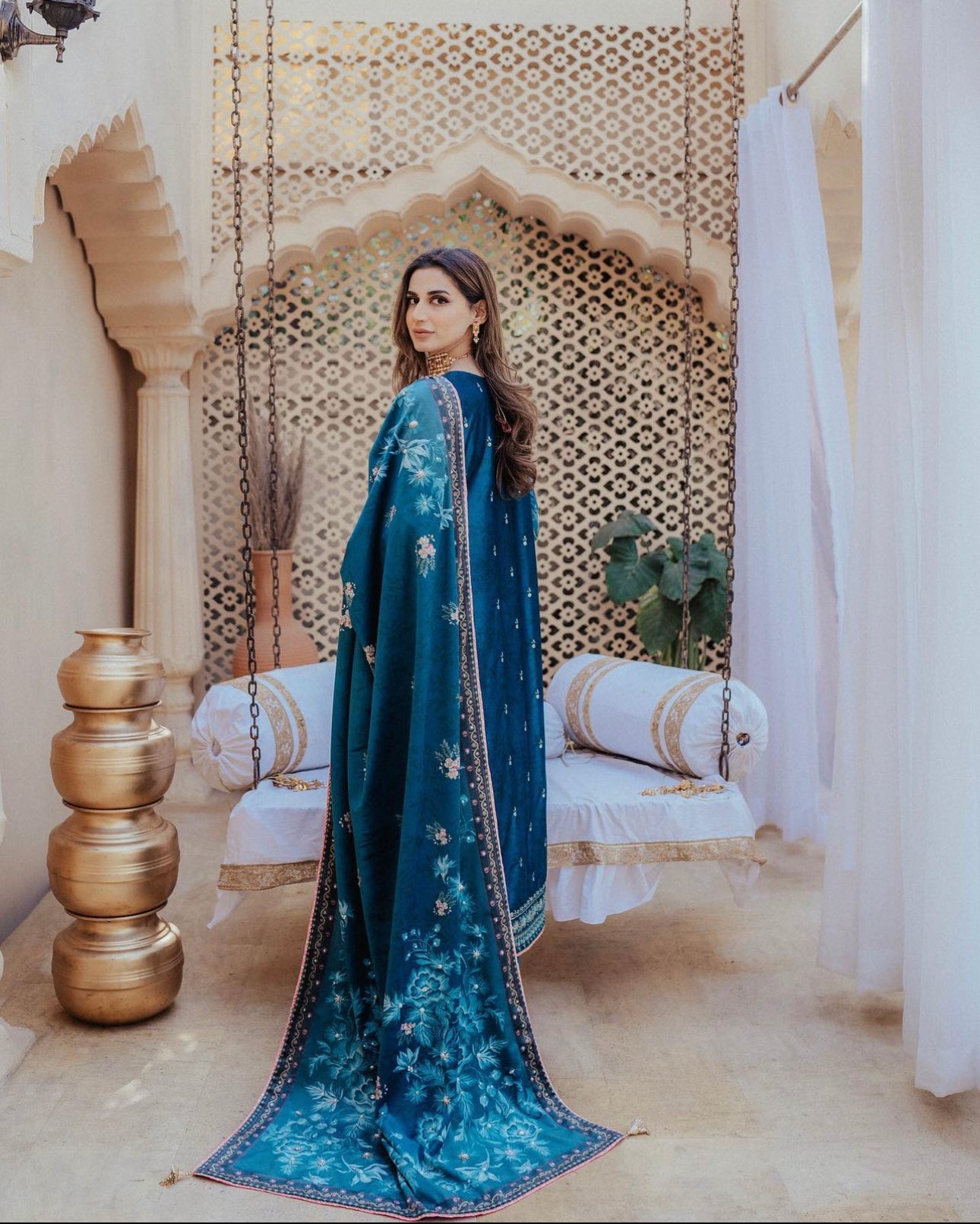 Teal Blue Embroidered Velvet Salwar Kameez (3-Piece) - Image 7