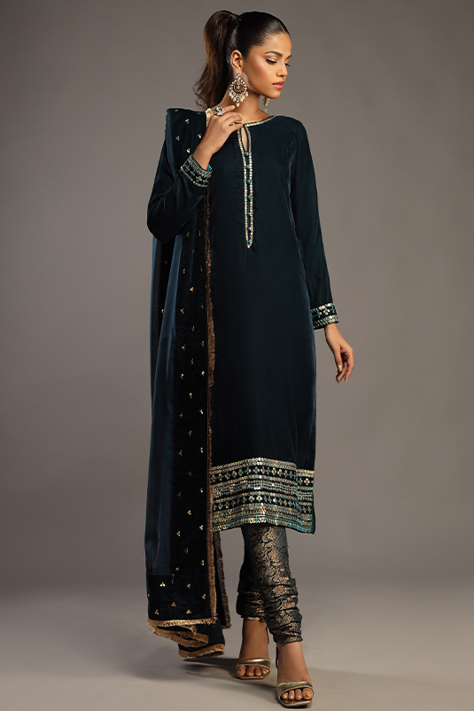 Teal Embroidered Velvet Salwar Kameez (3-Piece) - Image 2