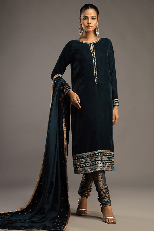 Teal Embroidered Velvet Salwar Kameez (3-Piece) - Image 3