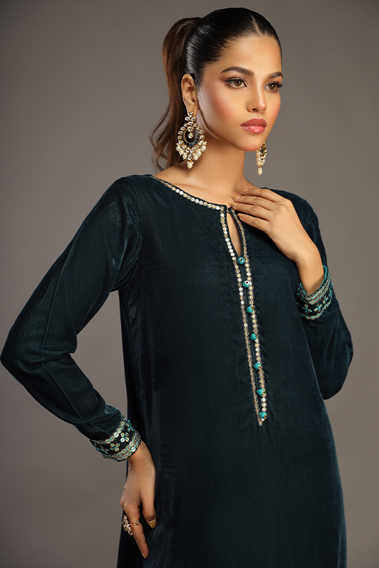 Teal Embroidered Velvet Salwar Kameez (3-Piece) - Image 5