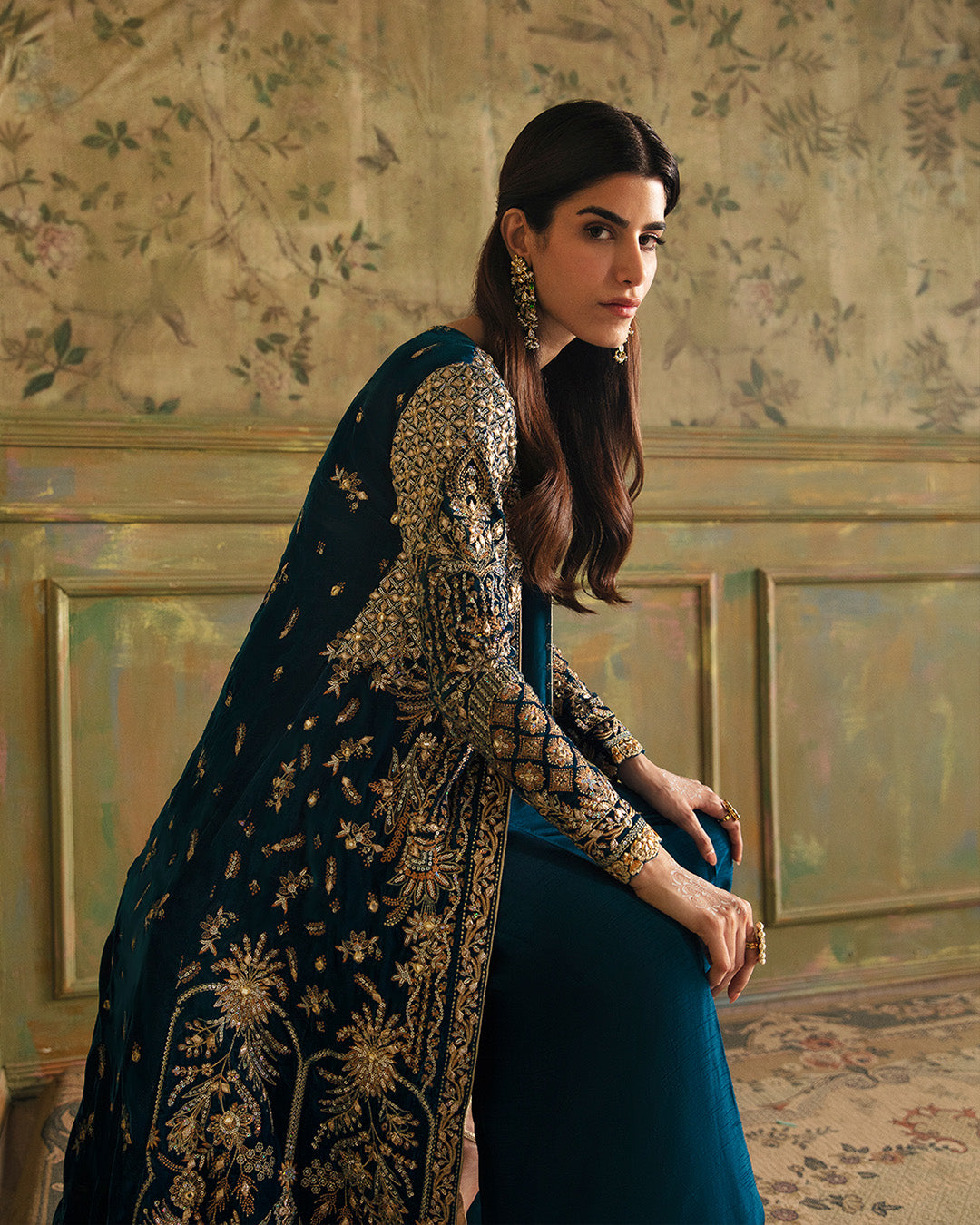 Pakistani Teal Embroidered Velvet Jacket with Silk Culottes (2-Piece) - Image 2