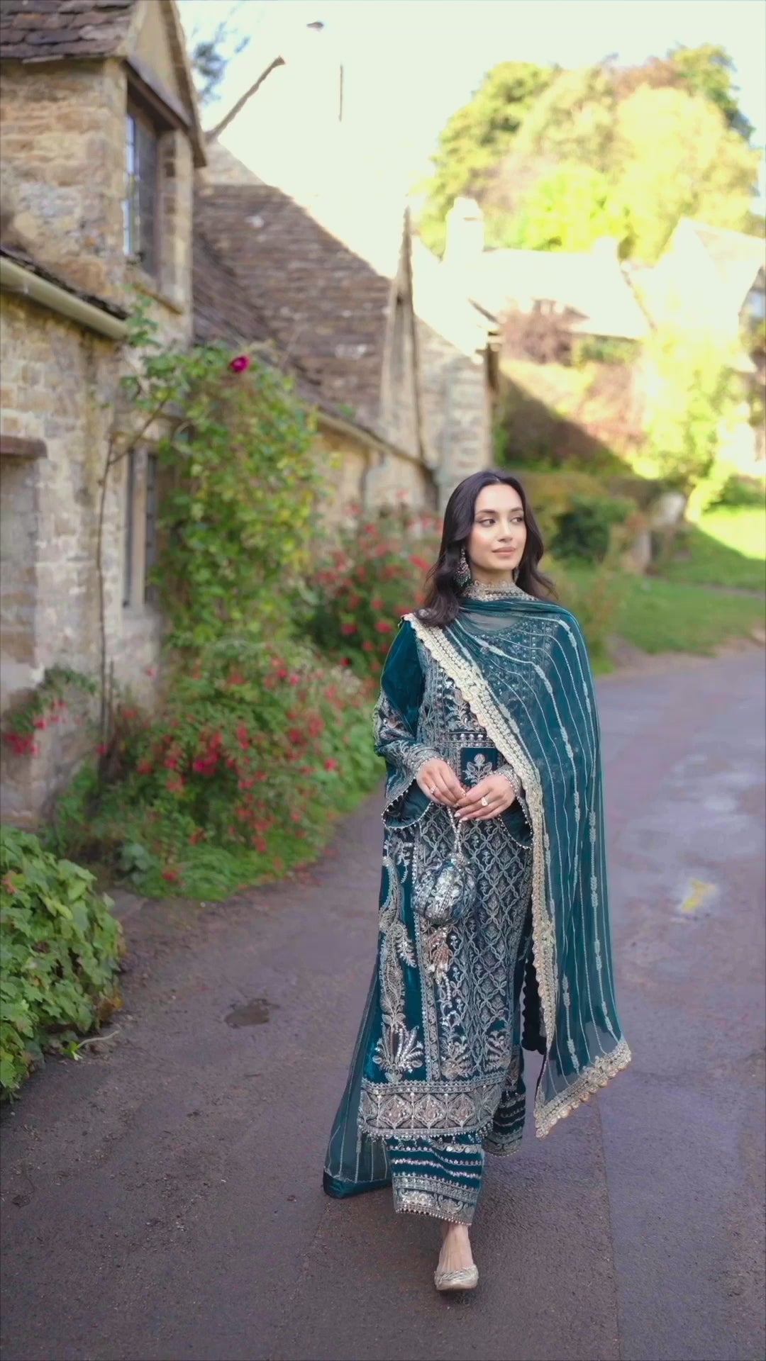 Teal Embroidered Velvet Salwar Kameez (3-Piece) - Image 7