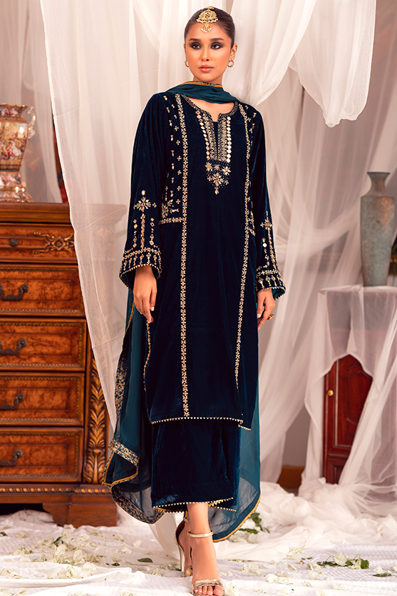 Pakistani Teal Sheesha & Zardozi Velvet Salwar Kameez (3-Piece) - Image 2