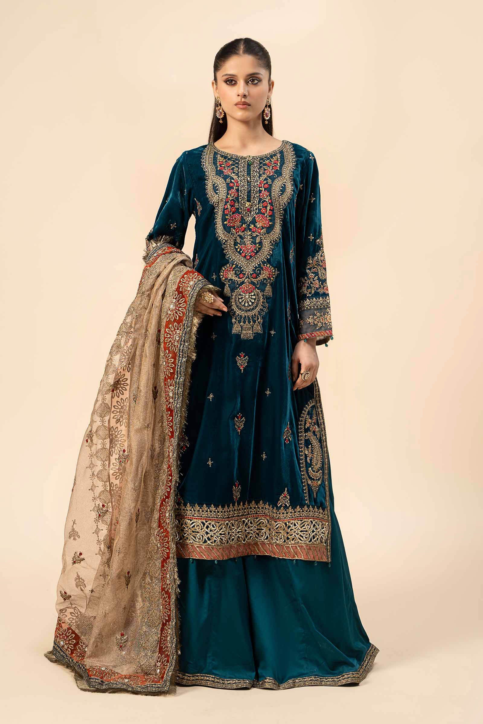 Pakistani Teal Blue Embroidered Velvet 3-Piece Suit - Image 1