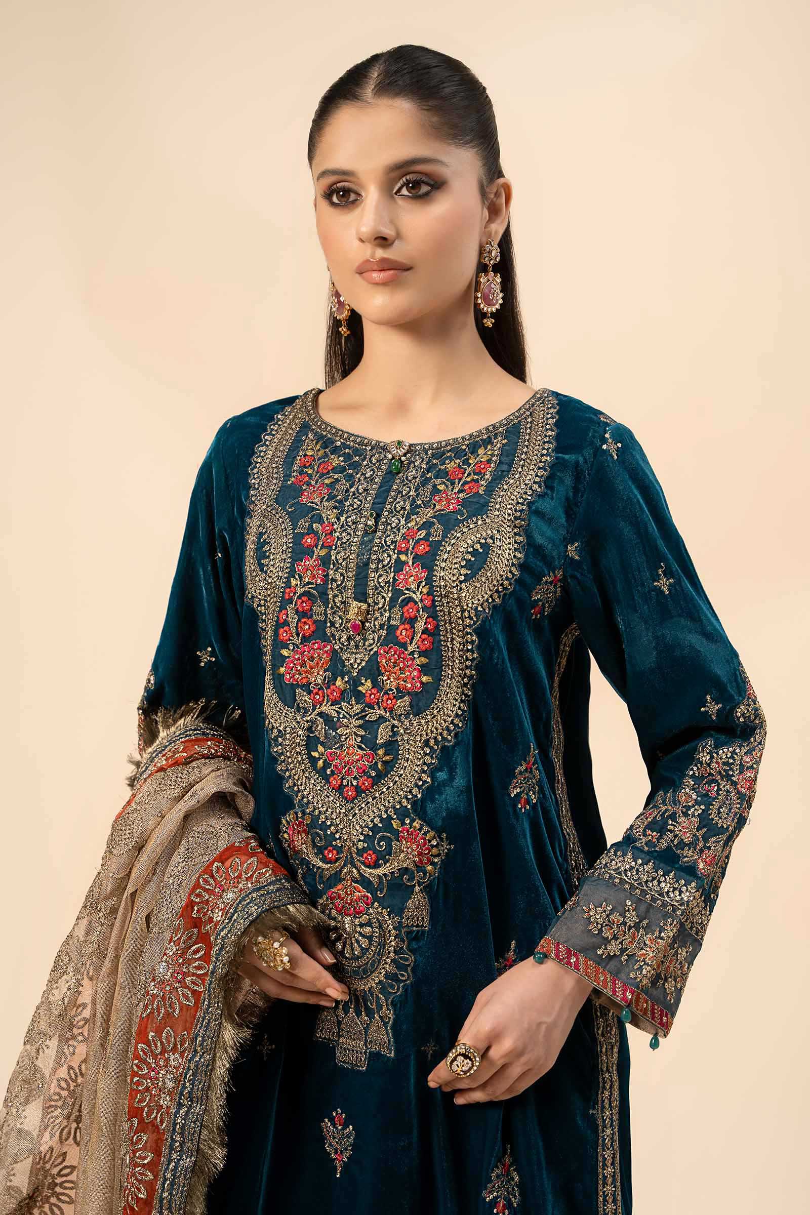 Pakistani Teal Blue Embroidered Velvet 3-Piece Suit - Image 2