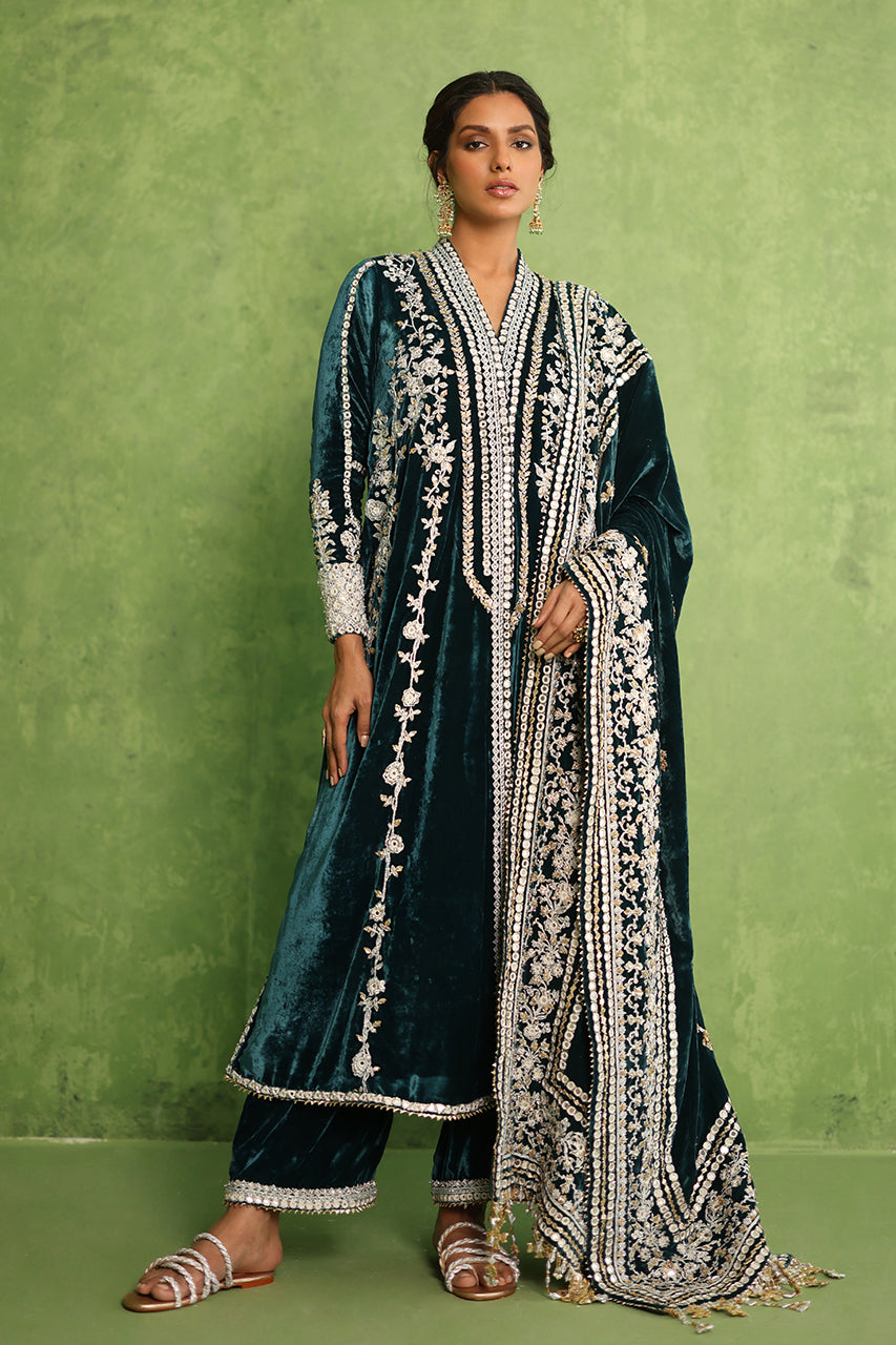 Teal Zardozi Velvet Choga Set (3-Piece) - Image 1