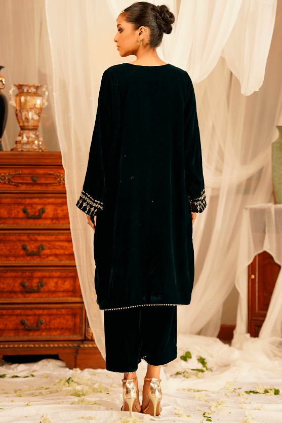 Teal Sheesha Zardozi Velvet Salwar Kameez (3-Piece) - Image 1