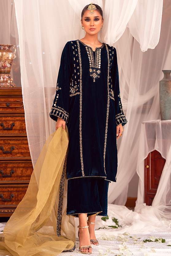 Teal Sheesha Zardozi Velvet Salwar Kameez (3-Piece) - Image 3