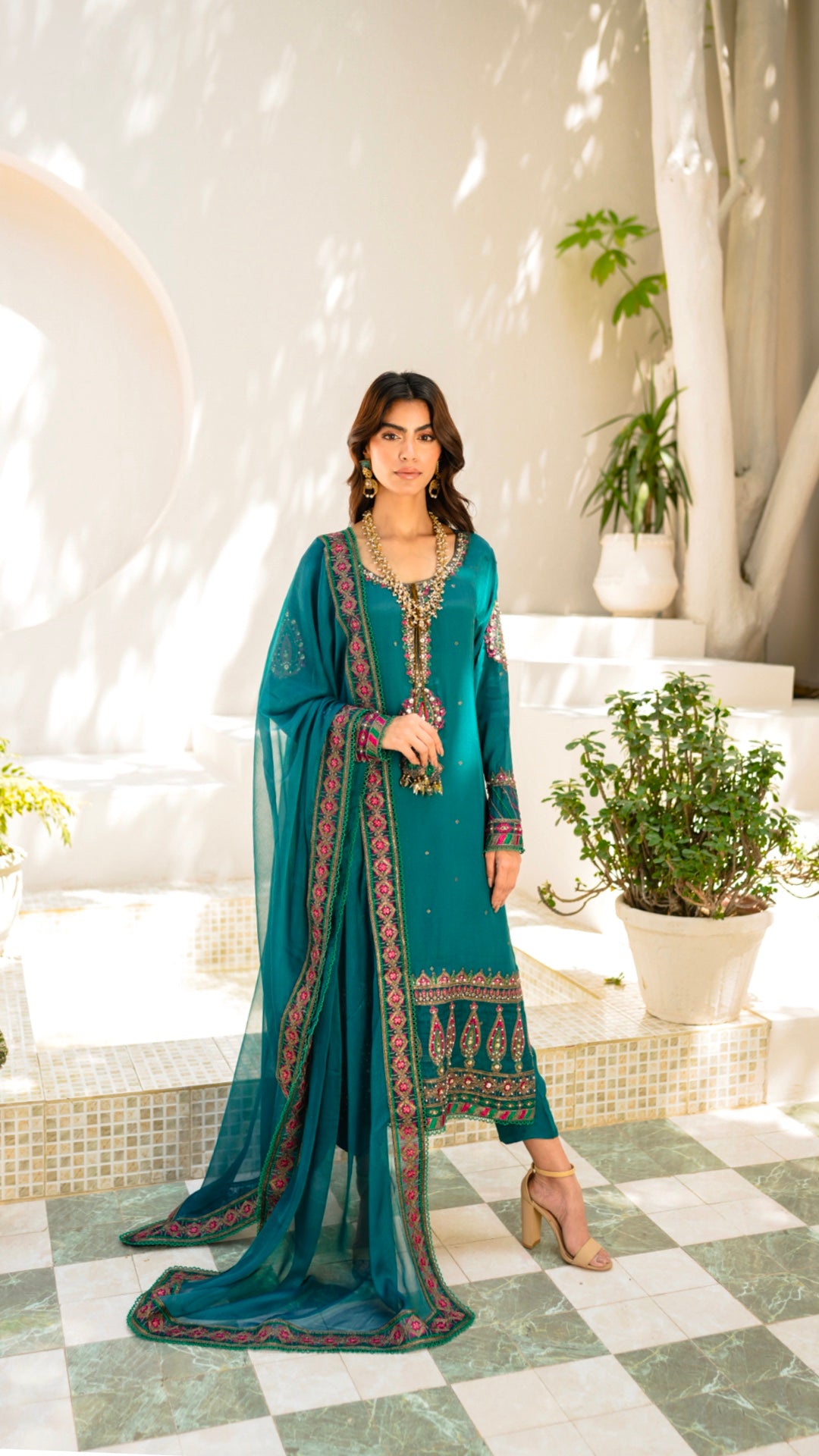 Pakistani Teal Embroidered Viscose Silk Salwar Kameez (3-Piece) - Image 1