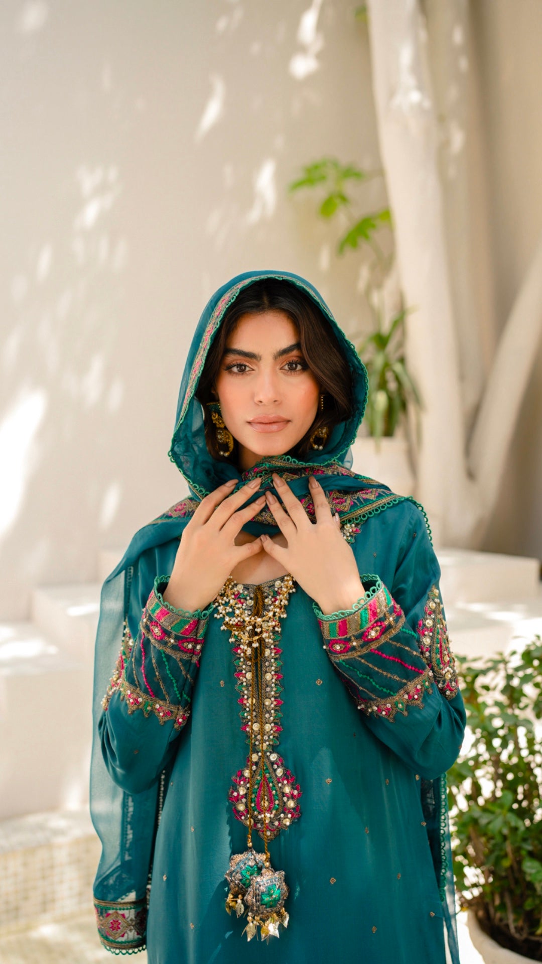 Pakistani Teal Embroidered Viscose Silk Salwar Kameez (3-Piece) - Image 2