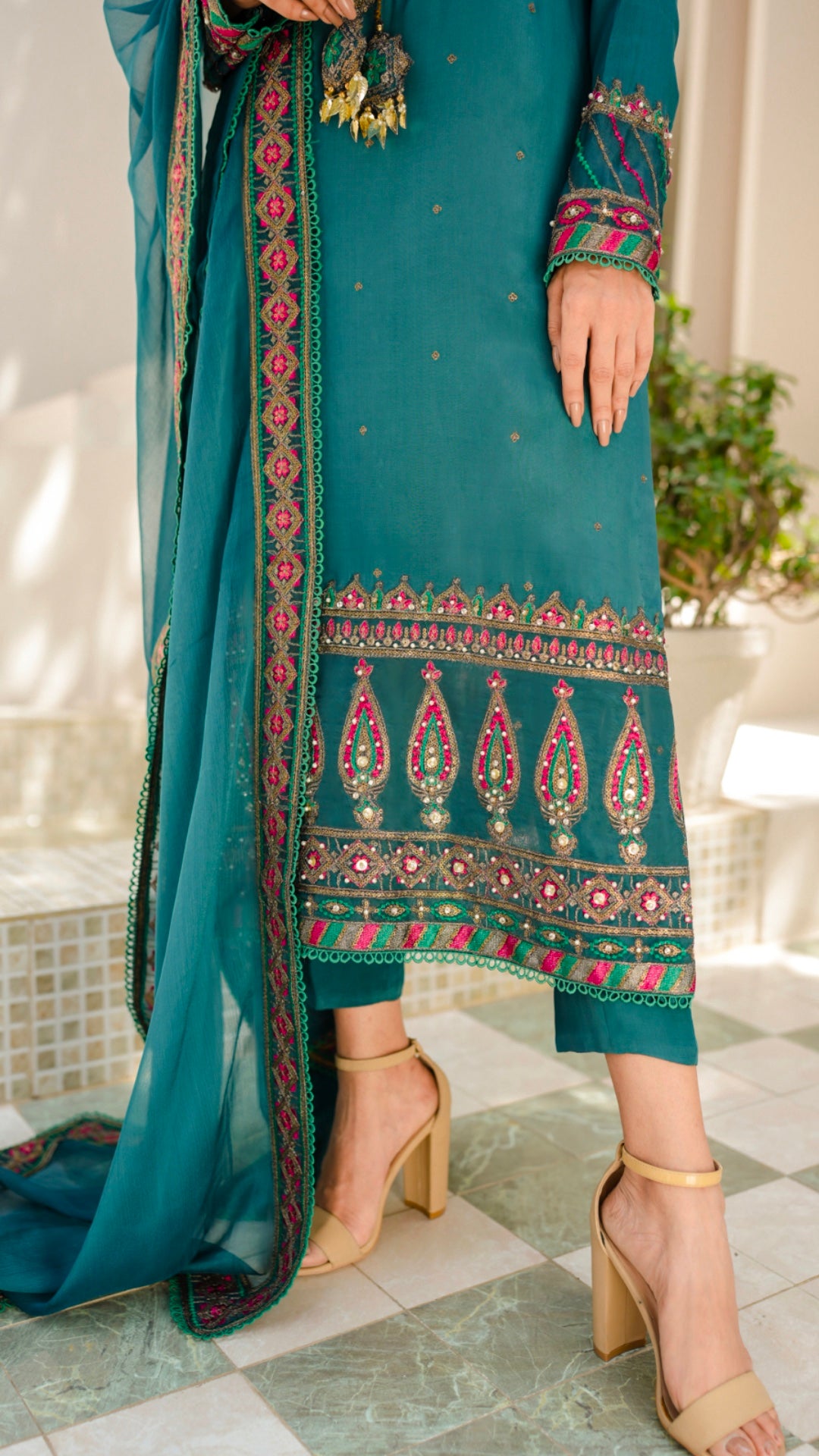 Pakistani Teal Embroidered Viscose Silk Salwar Kameez (3-Piece) - Image 3