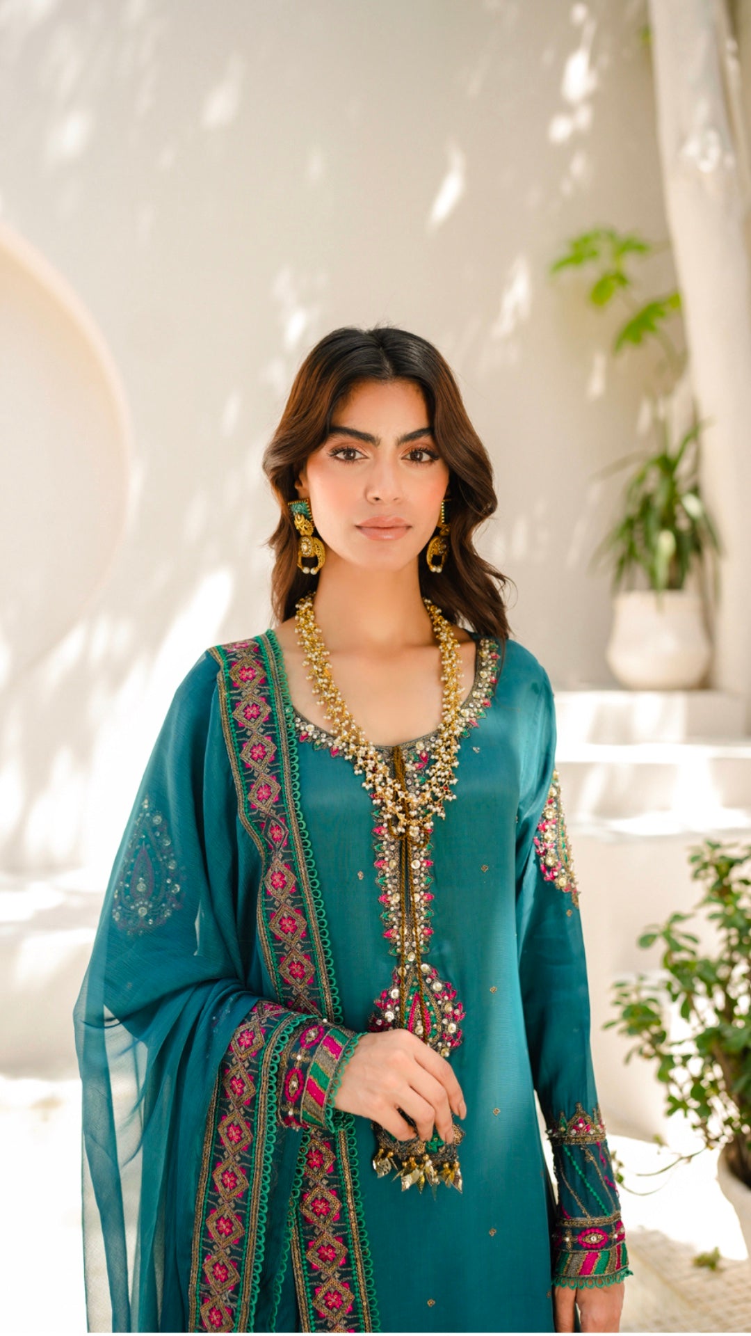 Pakistani Teal Embroidered Viscose Silk Salwar Kameez (3-Piece) - Image 4