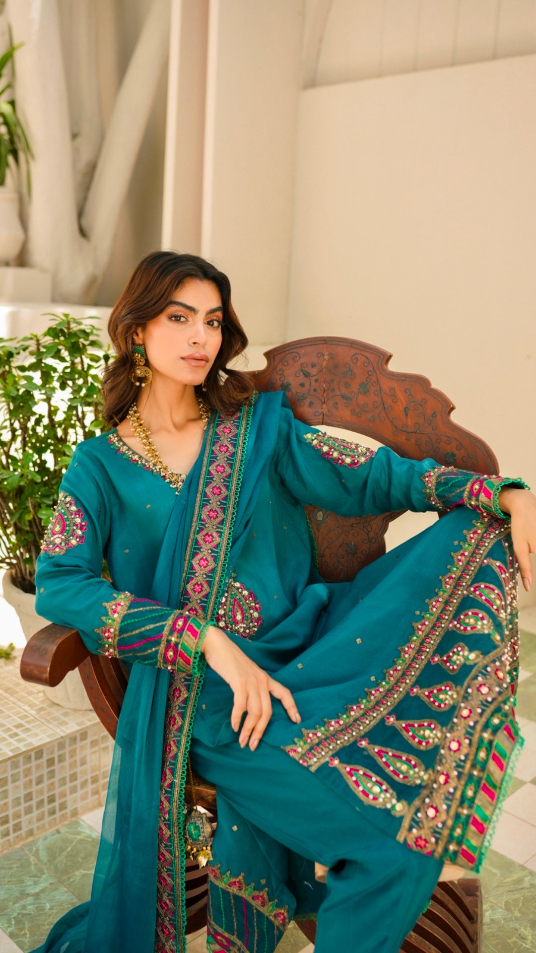 Pakistani Teal Embroidered Viscose Silk Salwar Kameez (3-Piece) - Image 5