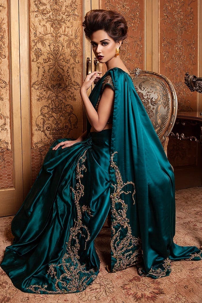 Pakistani Teal Embroidered Chamois Saree (2-Piece) - Image 1