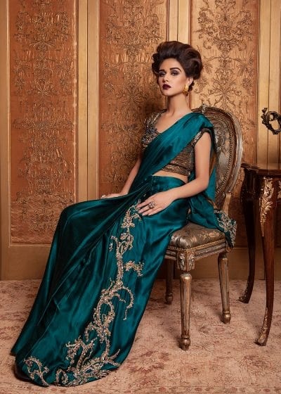 Pakistani Teal Embroidered Chamois Saree (2-Piece) - Image 2
