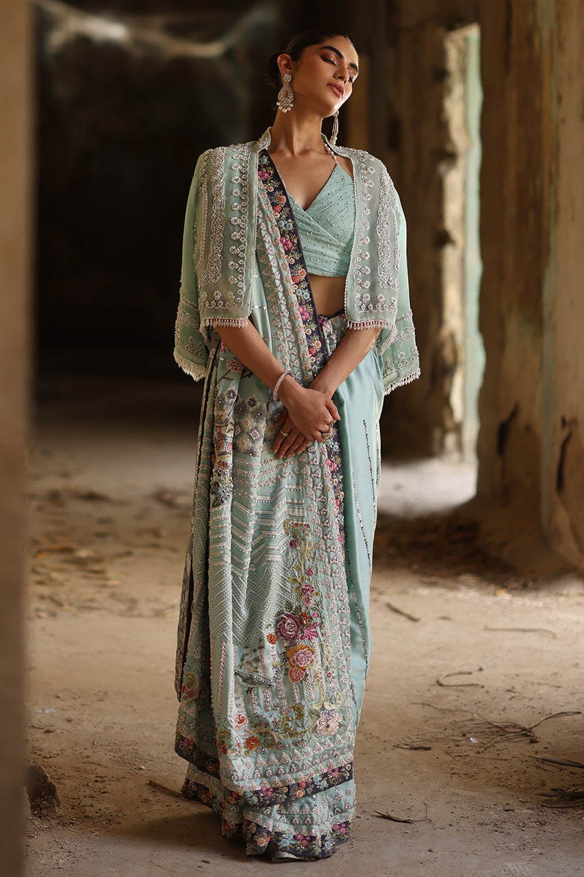 Pakistani Ferozi Zardozi Charmeuse Silk Saree (3-Piece) - Image 1