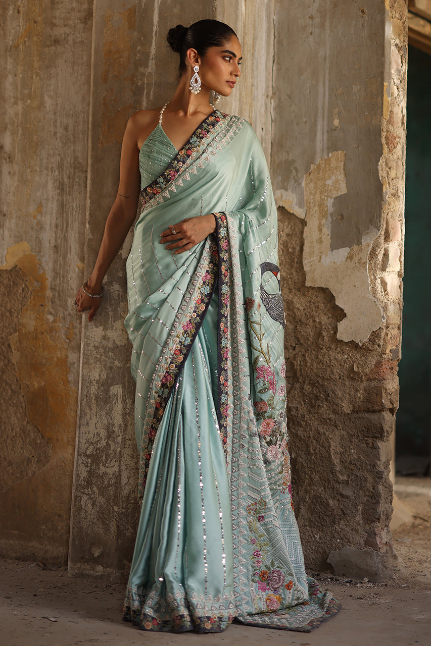 Pakistani Ferozi Zardozi Charmeuse Silk Saree (3-Piece) - Image 6