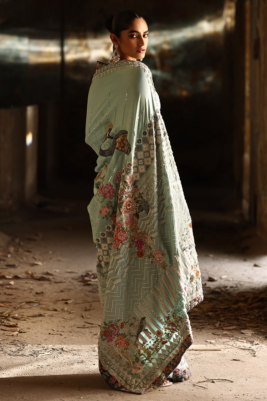 Pakistani Ferozi Zardozi Charmeuse Silk Saree (3-Piece) - Image 7