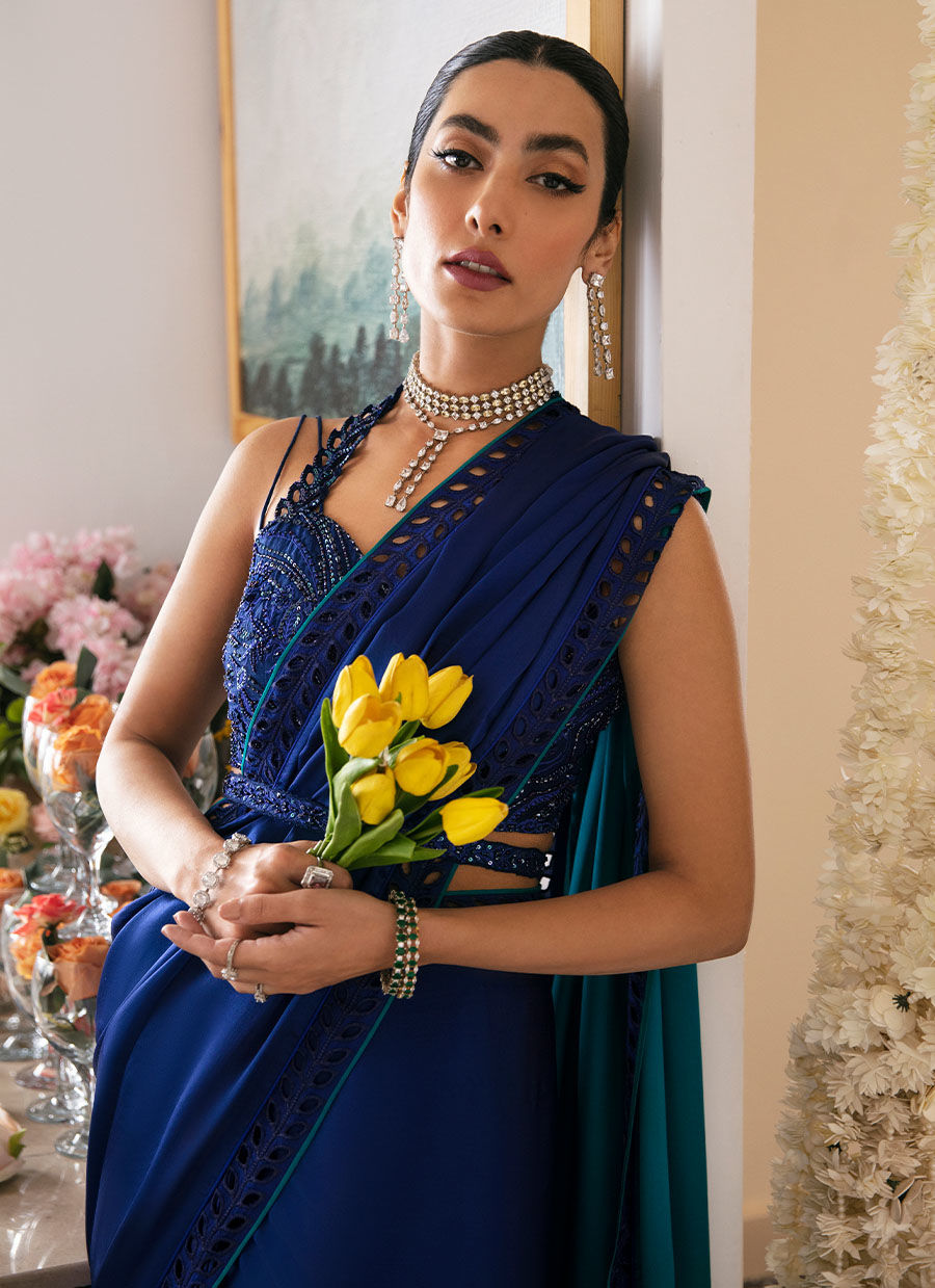 Indian Teal Ombré Hand-Embellished Charmeuse Saree (2-Piece) - Image 3