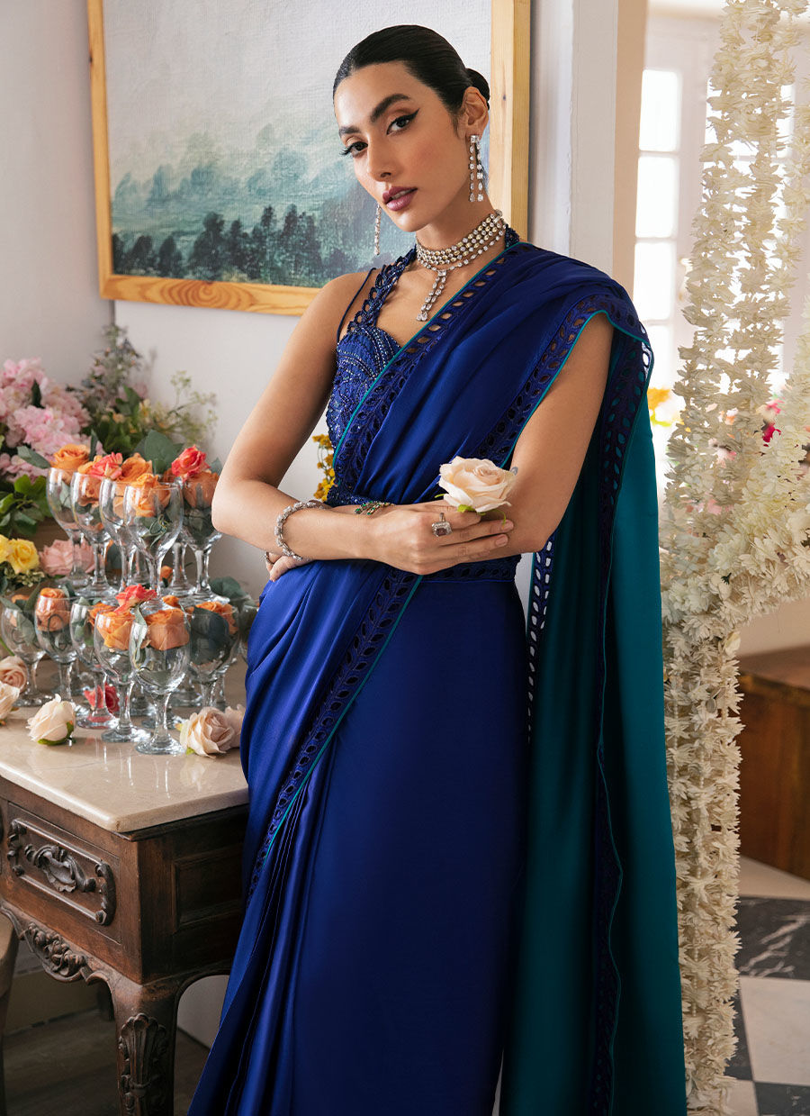 Indian Teal Ombré Hand-Embellished Charmeuse Saree (2-Piece) - Image 4