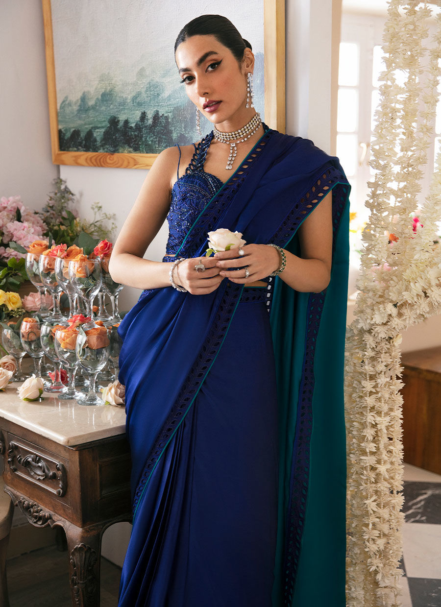Indian Teal Ombré Hand-Embellished Charmeuse Saree (2-Piece) - Image 5