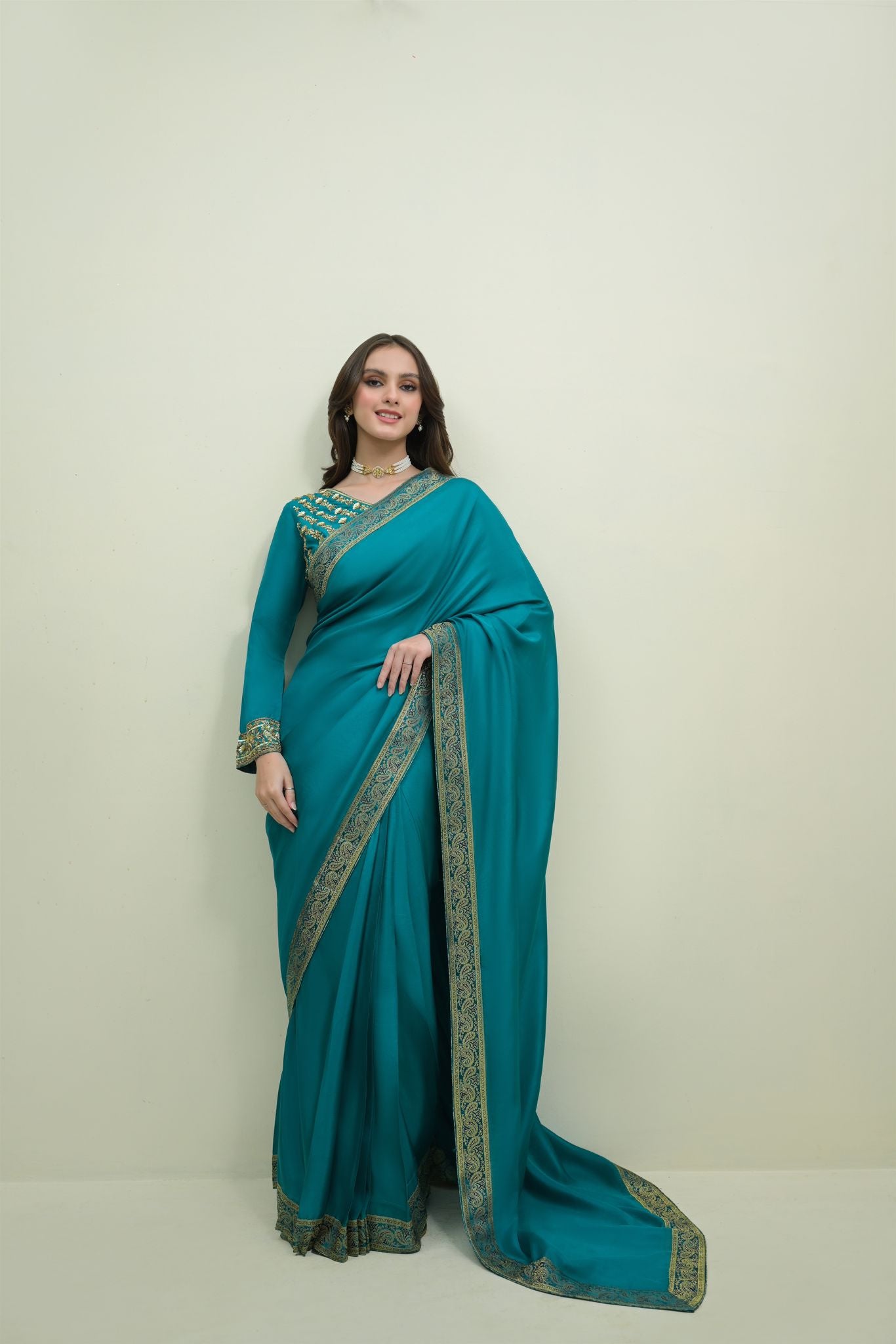 Teal Gold Embroidered Georgette Saree (2-Piece) - Image 1