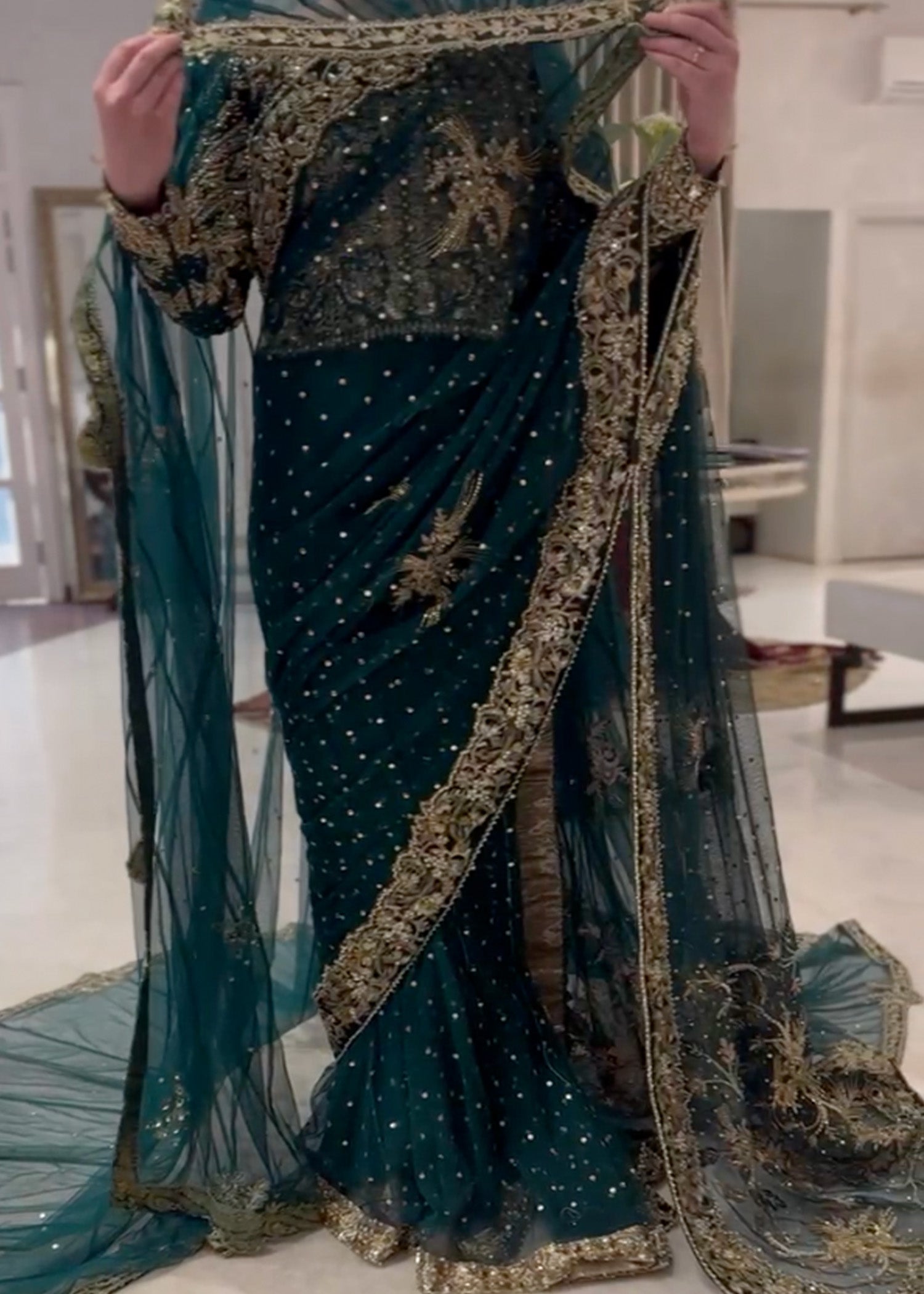 Deep Teal Embroidered Net Saree (2-Piece) - Image 1