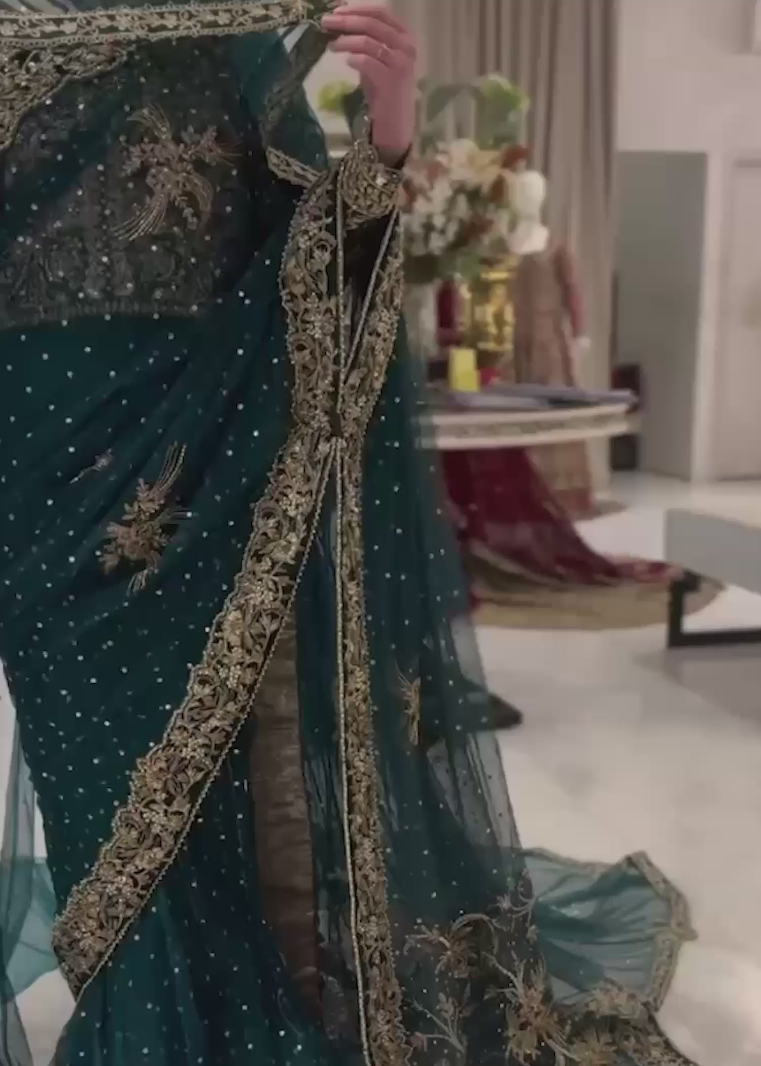 Deep Teal Embroidered Net Saree (2-Piece) - Image 2